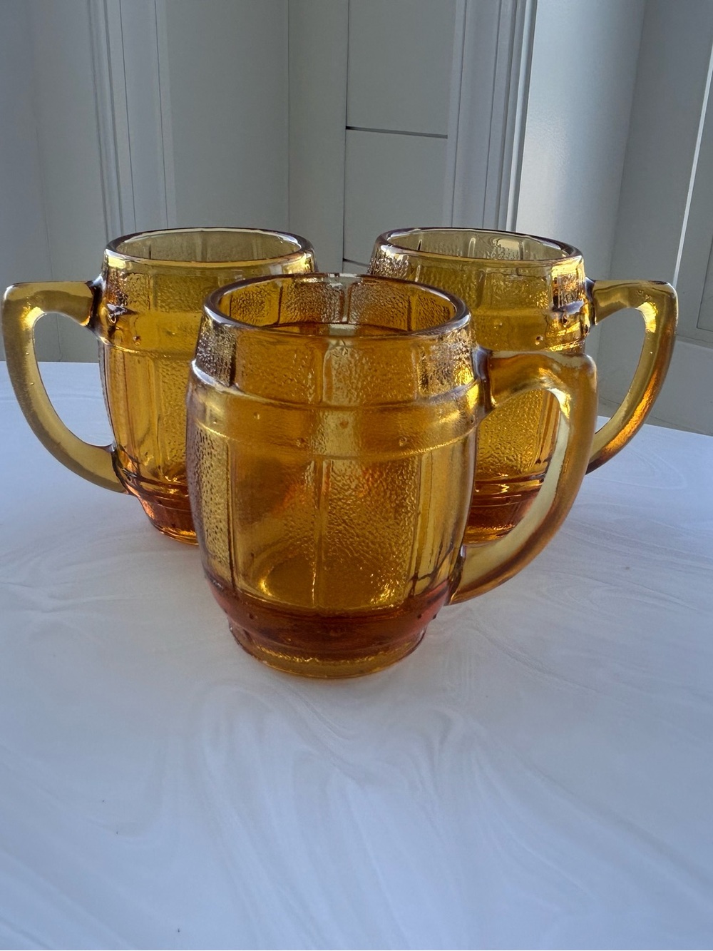 3 vintage Amber/Tobacco whiskey Glass Beer barrel Mug shot glasses / holders